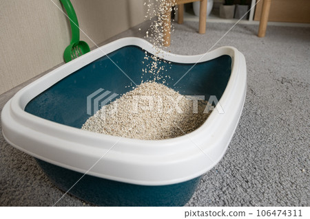 Pouring bentonite clumping filler into the litter box toilet for the cat Pouring bentonite clumping filler into the litter box toilet for the cat 106474311
