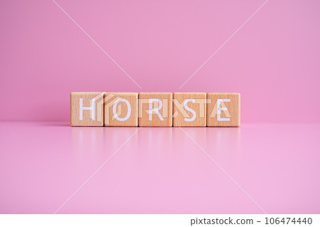 Wooden blocks form the text HORSE against a pink background Wooden blocks form the text HORSE against a pink background 106474440