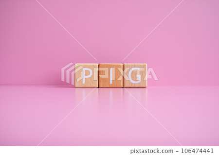 Wooden blocks form the text PIG against a pink background Wooden blocks form the text PIG against a pink background 106474441