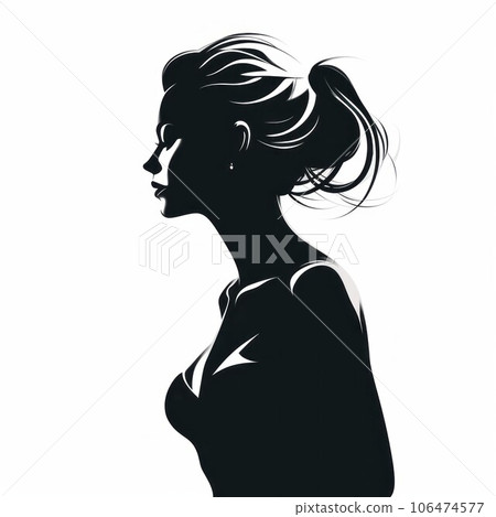 Simple Portrait of a beautiful young woman with a fashion hairstyle sketch. Easy black and white watercolor and silhouette of a young girl. Close-up face Vector illustration of a female model. 106474577