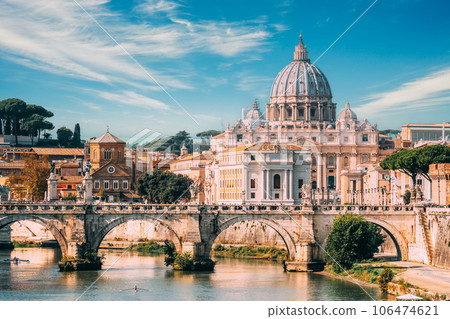 Rome, Italy. Man Training On Kayak Near Aelian Bridge. Papal Basilica Of St. Peter In The Vatican 106474621