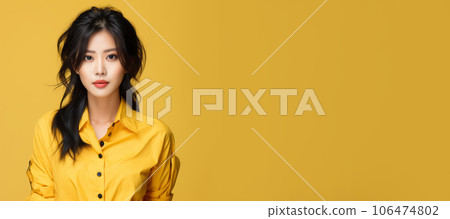 Portrait of a serious Asian girl with wavy black hair. Closeup face of an unhappy Chinese adult woman on a yellow background. Unsmiling Japanese grown up girl in a yellow shirt looking at the camera. 106474802