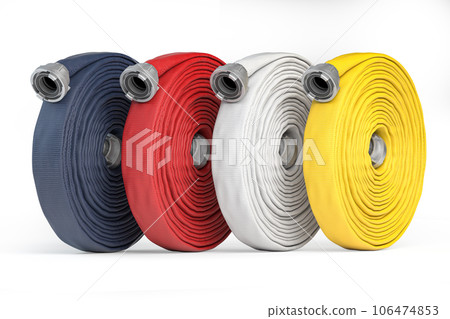 Fire hose soft pipes of different colors isolated on white. Firefighter equipment. 106474853