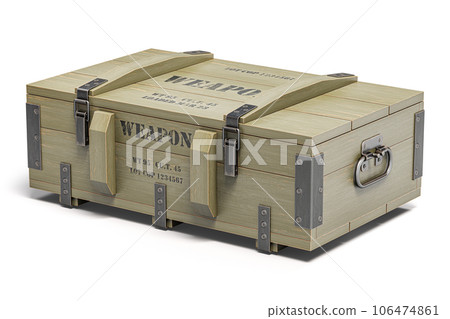Military wooden crates with weapon and army ammunition isolated on white. 106474861