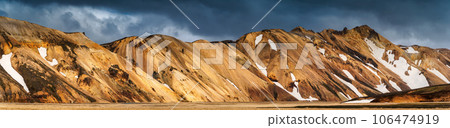 Icelandic volcanic mountain with dramatic sky on wilderness in Landmannalaugar at Iceland Icelandic volcanic mountain with dramatic sky on wilderness in Landmannalaugar at Iceland 106474919