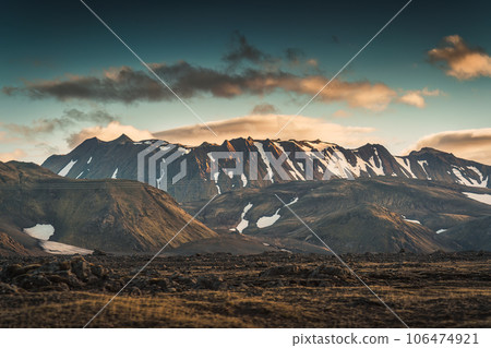 Landscape of volcanic mountain on wilderness among Icelandic highlands in summer Landscape of volcanic mountain on wilderness among Icelandic highlands in summer 106474921