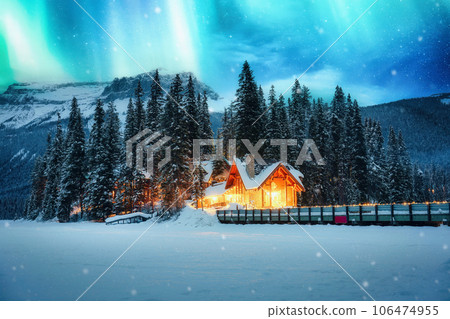 View of Northern lights glowing over Emerald Lake Lodge with snowy forest on winter at Yoho national park, Canada 106474955