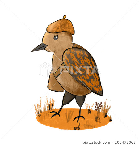 Hand drawn illustration of cartoon fall autumn bird in orange brown grass. British english birding, nature animal species, biology zoology, common europe habitat, bright fauna natural design, funny Hand drawn illustration of cartoon fall autumn bird in orange brown grass. British english birding, nature animal species, biology zoology, common europe habitat, bright fauna natural design, funny 106475065