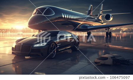 Private jet standing on a runway with a luxury sports car. Modern business jet with an expensive vehicle. Luxury Aircraft preparing for a flight. Picture of a parked passenger plane with a hypercar. 106475097