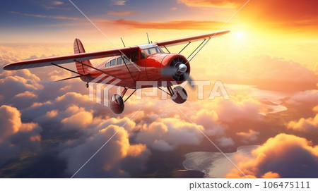 Old propeller Airplane flying in the sunset... - Stock Illustration ...