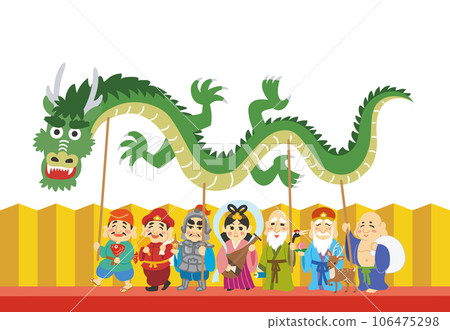 新年賀卡素材插畫龍年七福神金折屏 106475298