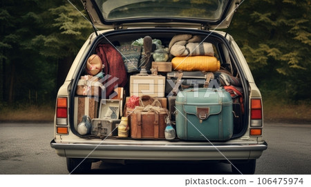 The trunk of the car is full of suitcases, bags and various things for a vacation. ai The trunk of the car is full of suitcases, bags and various things for a vacation. ai 106475974