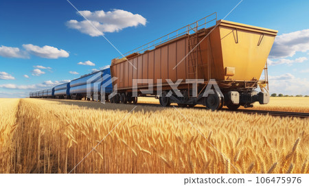 Railway train with wagons during the transportation of wheat and grain close-up. ai Railway train with wagons during the transportation of wheat and grain close-up. ai 106475976