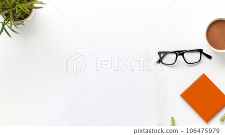 Stationery items on a white background with eyeglasses and a green plant. ai 106475979