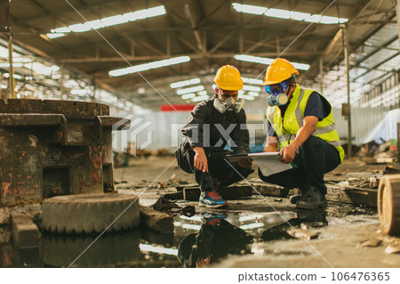 danger chemical liquid oil leak environment impacts investigation team working site rescue and examination with safety danger chemical liquid oil leak environment impacts investigation team working site rescue and examination with safety 106476365