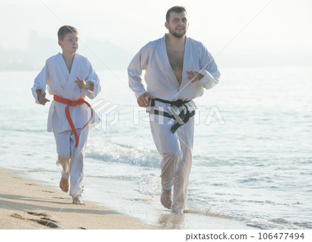 Man and boy doing karate poses 106477494
