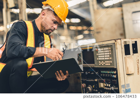 portrait engineer male worker schedule machine service check. inspector staff work in heavy industry for safety portrait engineer male worker schedule machine service check. inspector staff work in heavy industry for safety 106478433
