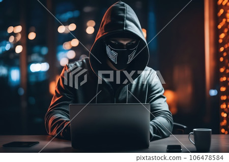 Anonymous computer hacker in mask and hoodie using laptop computer for cyber attack. Data thief 106478584