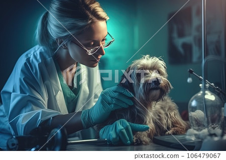 Serious Caucasian female veterinary doctor in eyeglasses checks the health of a dirty homeless dog. 106479067