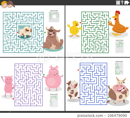 maze activities set with cartoon farm animal characters maze activities set with cartoon farm animal characters 106479090