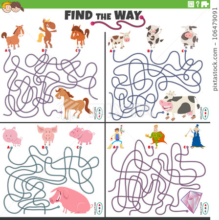 find the way maze games set with cartoon characters and farm animals 106479091