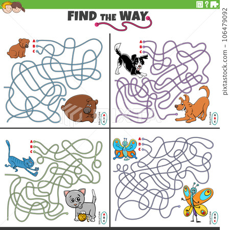 find the way maze games set with cartoon animal characters 106479092