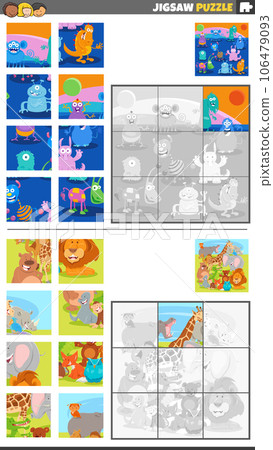 jigsaw puzzle games set with cartoon fantasy characters and animals 106479093