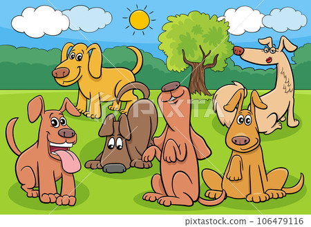 cartoon dogs and puppies characters group in the meadow 106479116