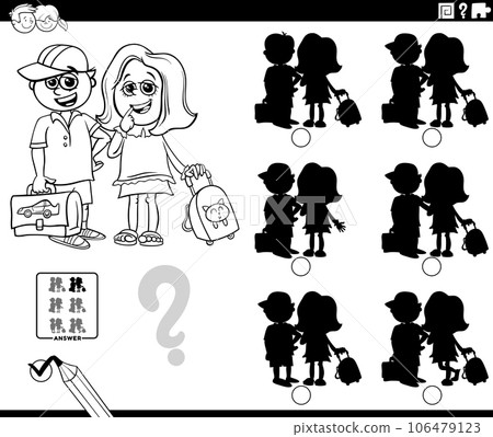 educational shadows game with school girl and boy coloring page 106479123