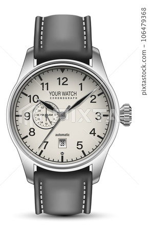 Realistic watch clock chronograph face silver dark grey leather strap on white design classic luxury vector 106479368