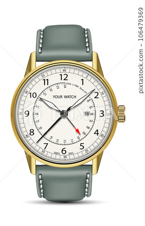 Realistic watch clock chronograph face gold pastel green leather strap on white design classic luxury for men vector Realistic watch clock chronograph face gold pastel green leather strap on white design classic luxury for men vector 106479369