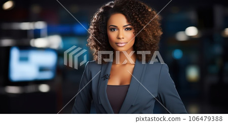 Serious African American female TV presenter tells breaking news. 106479388
