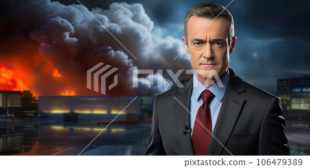 Serious African American TV presenter tells breaking news. 106479389