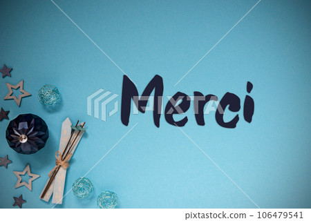 Blue Cold Christmas Background, French Text Merci Means Thank You 106479541