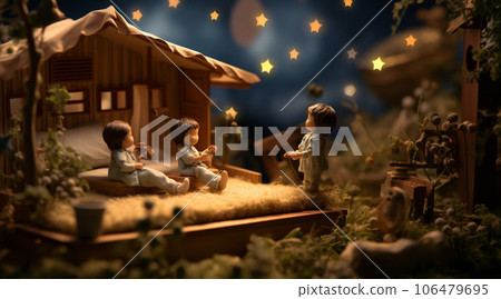 孩子們在微型世界裡仰望星空並交談 106479695