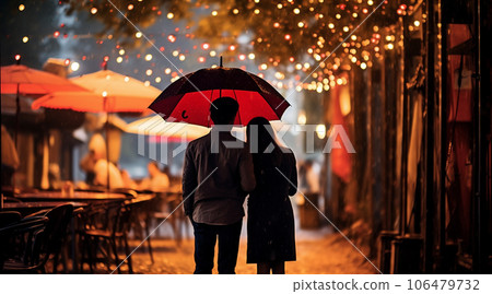 Rear view of a couple walking on a rainy street with an umbrella 106479732