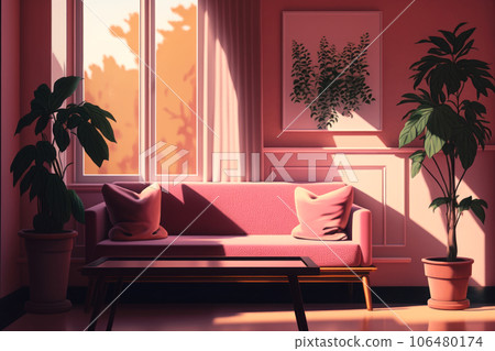 Aesthetic cozy interior of living room of house with large window and bright sunlight 106480174
