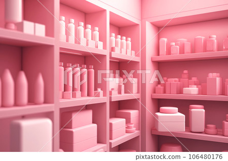 Pink cabinet with shelves and varios mockups of beauty products without labels 106480176