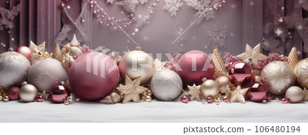 Banner with beautiful stylish New Year background with pink, white and purple Christmas balls and stars. Generated AI. 106480194