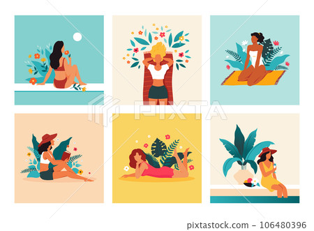 Girl with flowers. Mental health, beauty and fashion, relax on summer beach, nature and freedom spa mood. Woman drink cocktail, read book. Meditation outdoors. Vector cartoon flat concept Girl with flowers. Mental health, beauty and fashion, relax on summer beach, nature and freedom spa mood. Woman drink cocktail, read book. Meditation outdoors. Vector cartoon flat concept 106480396