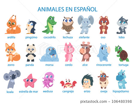 Cartoon animals. Language learning. Kids education. Funny creatures with Spanish inscriptions. Cute hippo and turtle. Fluffy fox or koala. Words studying. Vector children poster design Cartoon animals. Language learning. Kids education. Funny creatures with Spanish inscriptions. Cute hippo and turtle. Fluffy fox or koala. Words studying. Vector children poster design 106480398