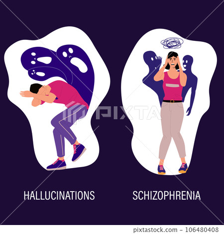 Mental disorder. People suffer from schizophrenia or hallucinations. Psychological illness and medical problem. Men or women feel anxious. Panic attacks and traumas. Psychiatry vector set 106480408