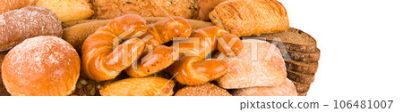 Bread, sweet buns and croissants isolated on white . Free space for text. Wide photo. 106481007