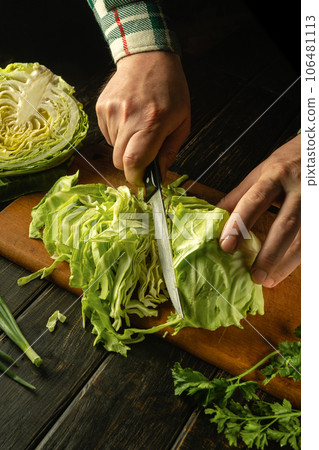 The hands of the cook cut fresh green cabbage on a cutting board with a knife. Close-up of a chef hands while working on a kitchen table. Vegetarian or vegetable diet idea 106481113