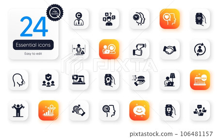 Set of People flat icons. Video conference, Smile chat and Award app elements for web application. Writer, Floor lamp, Teamwork icons. Winner, Food delivery, Touchscreen gesture elements. Vector Set of People flat icons. Video conference, Smile chat and Award app elements for web application. Writer, Floor lamp, Teamwork icons. Winner, Food delivery, Touchscreen gesture elements. Vector 106481157