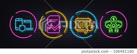 Calendar, Recovery devices and Corrupted file minimal line icons. Neon laser 3d lights. Sharing economy icons. For web, application, printing. Search appointment, Backup data, Damaged document. Vector 106481180