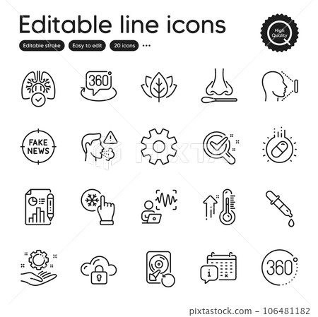 Set of Science outline icons. Contains icons as Freezing click, Chemistry pipette and Nasal test elements. Organic tested, Face id, Cough web signs. Lungs, Chemistry lab, Fake news elements. Vector 106481182