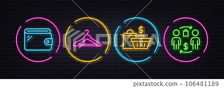 Sale bags, Wallet and Cloakroom minimal line icons. Neon laser 3d lights. Buying process icons. For web, application, printing. Shopping cart, Money budget, Hanger wardrobe. Supermarket bag. Vector Sale bags, Wallet and Cloakroom minimal line icons. Neon laser 3d lights. Buying process icons. For web, application, printing. Shopping cart, Money budget, Hanger wardrobe. Supermarket bag. Vector 106481189