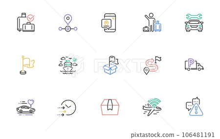 Delivery time, Airplane wifi and Journey line icons for website, printing. Collection of Warning, Station, Package box icons. Pin marker, Flag, Truck parking web elements. Vector Delivery time, Airplane wifi and Journey line icons for website, printing. Collection of Warning, Station, Package box icons. Pin marker, Flag, Truck parking web elements. Vector 106481191