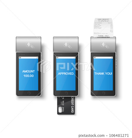 Vector 3d Grey NFC Payment Machine with Approved Status and Paper Receipt, Bill, Credit Card. Payment POS Terminal, Machine Design Template of Bank Payment Contactless Terminal, Mockup. Top View Vector 3d Grey NFC Payment Machine with Approved Status and Paper Receipt, Bill, Credit Card. Payment POS Terminal, Machine Design Template of Bank Payment Contactless Terminal, Mockup. Top View 106481271